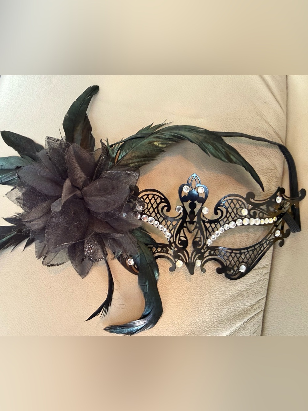 Black Feathered Masquerade Mask with Crystal Accents